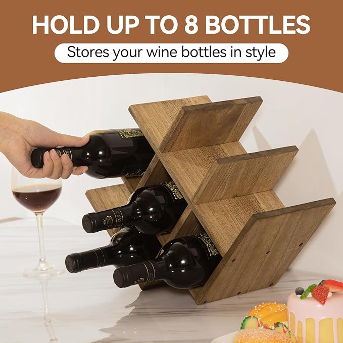 KIRIGEN Wooden Wine Rack, 8-Bottle 3-Tier Countertop Wine Holder, Brown | 16.73 x 5.91 x 11.14 In, Holds 8 Standard Wine Bottles for Cabinets, Pantry Shelves, and Kitchen Counter, Assembly Required