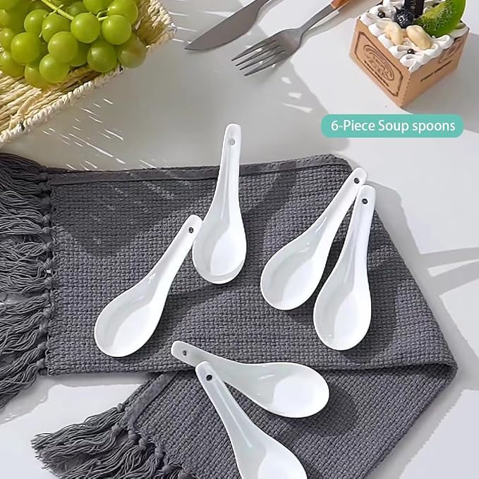 Soup Spoons Set of 6, Asian Ceramic Soup Spoons 5.3" Ramen Spoons | Proper for Pho Miso Wonton Ramen Dumpling Macaron Dishwasher & Oven Safe,Chinese Japanese soup spoons