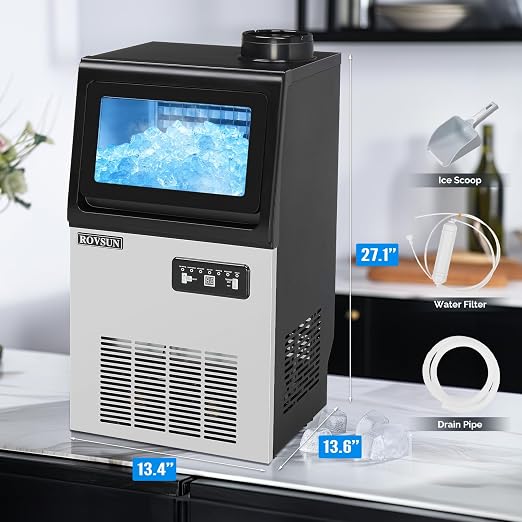 ROVSUN 90LBS/24H Commercial Ice Maker with 2 Water Inlets, Stainless Steel Ice Machine Countertop & Freestanding for Restaurant Bar with 11lbs Storage Bin, Ice Scoop, Drain Pipe & Water Filter