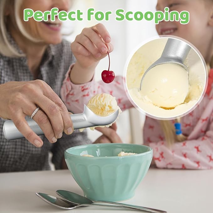 Ice Cream Scoop,7 inches Nonstick Anti-Freeze One Piece Aluminum Scooper Spoon, Heavy Duty Durable Design, Easy Clean, for Gelato, Cookie Dough, Sorbet, Almond (Silver)