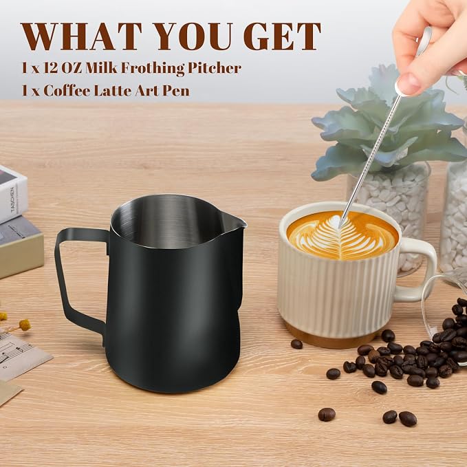 Amrules Milk Frothing Pitcher, 12oz Milk Frother Cup with Clear Scale, 304 Stainless Steel Cappuccino Espresso Machine Accessories for Barista Coffee Bar with Latte Art Pen, Black