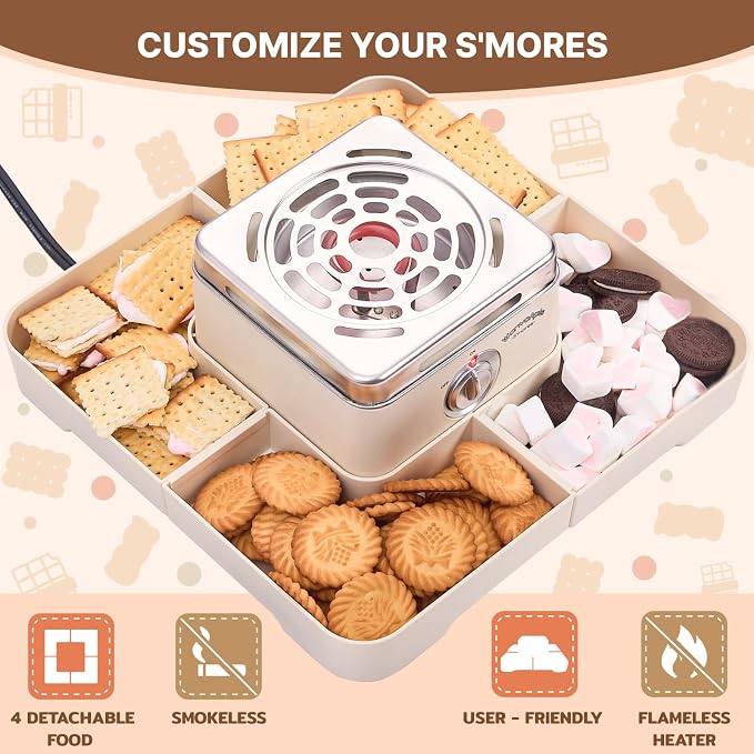 Electric Smores Maker - Indoor Smores Kit with 4 Detachable Trays, 4 Stainless Steel Forks - Flameless Smores Maker Tabletop Indoor Kit (White)