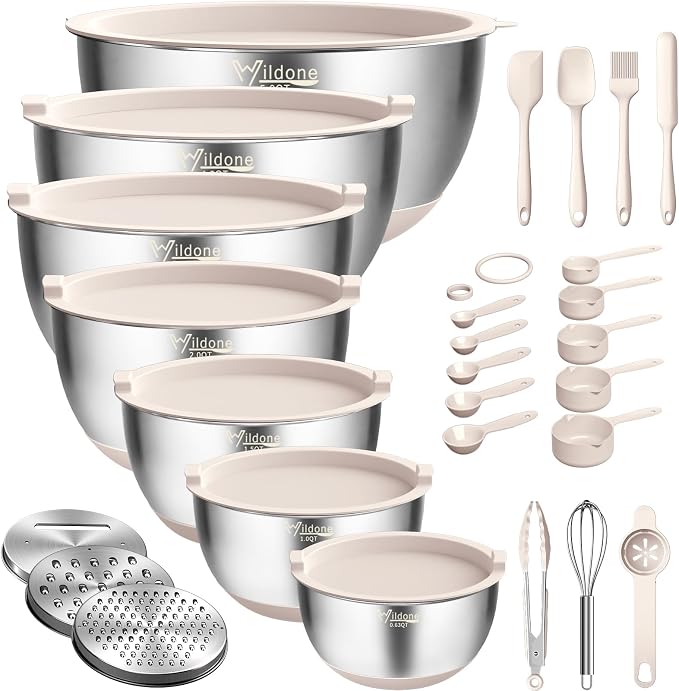 Wildone Mixing Bowls with Airtight Lids, 27 PCS Stainless Steel Nesting Bowls, with 3 Grater Attachments, Scale Mark & Non-Slip Bottom, Size 5, 4, 3, 2, 1.5, 1, 0.63QT, Ideal for Mixing & Prepping | Metal Bowls with 3 Grater Attachments, Non-Slip Botto...