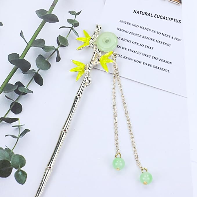 inSowni 8 Pieces Retro Asian Chinese Traditional Hanfu Gold Metal Artificial Jade Bamboo Flower Butterfly Hair Pins with Pearl Bead Pendants Long Hair Sticks Forks Bun Updo Hairpins for Women Girls