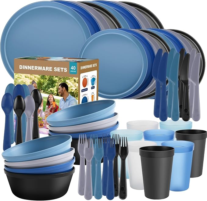 40 Piece Plastic Dinnerware Set for 8 with Cutlery, Unbreakable Plates and Bowls Set, Dishwasher & Microwave Safe Reusable Dish Set for Camping, RV, Outdoor Kitchen, Apartment Dining,Ocean Multicolor
