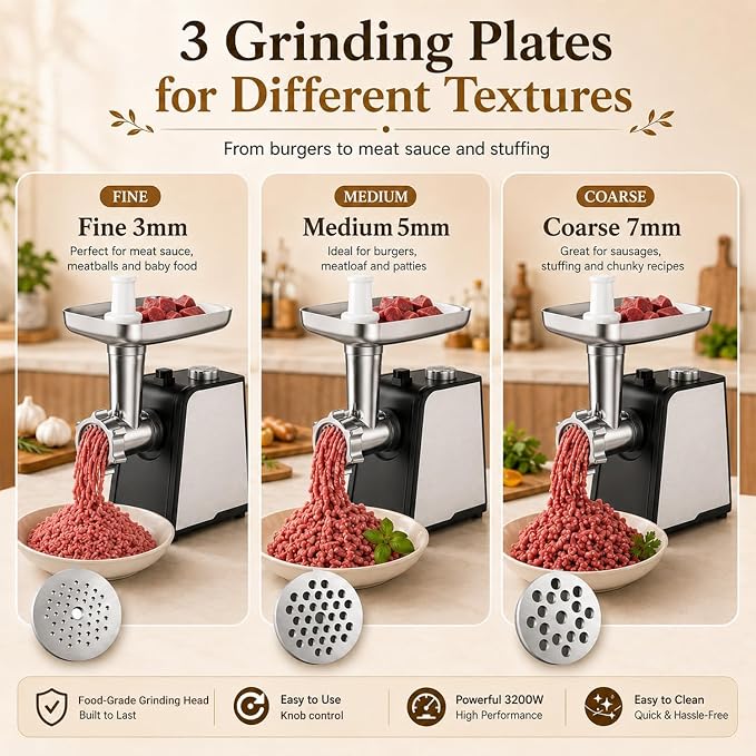 3200W Max Electric Meat Grinder & Sausage Stuffer - Mincer Machine with Tool 2 Blade And 3 Plates, 3 Tubes & Kubbe Kit Tool for Home Kitchen Use（Black）