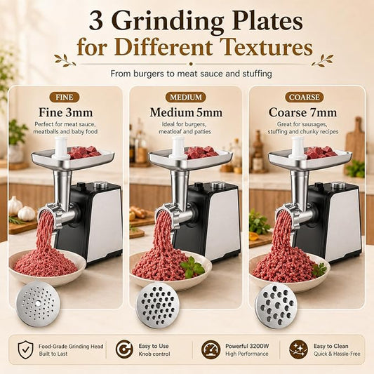3200W Max Electric Meat Grinder & Sausage Stuffer - Mincer Machine with Tool 2 Blade And 3 Plates, 3 Tubes & Kubbe Kit Tool for Home Kitchen Use（Black）