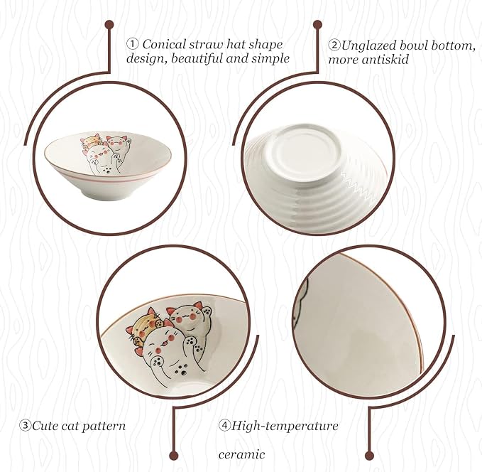 NJCHARMS Ceramic Ramen Bowl Set of 2, 42 oz Japanese Noodle Soup Bowls with Spoons and Chopsticks for Ramen Soup Pho Udon Asian Noodles, Large Noodle Bowls(Beige)