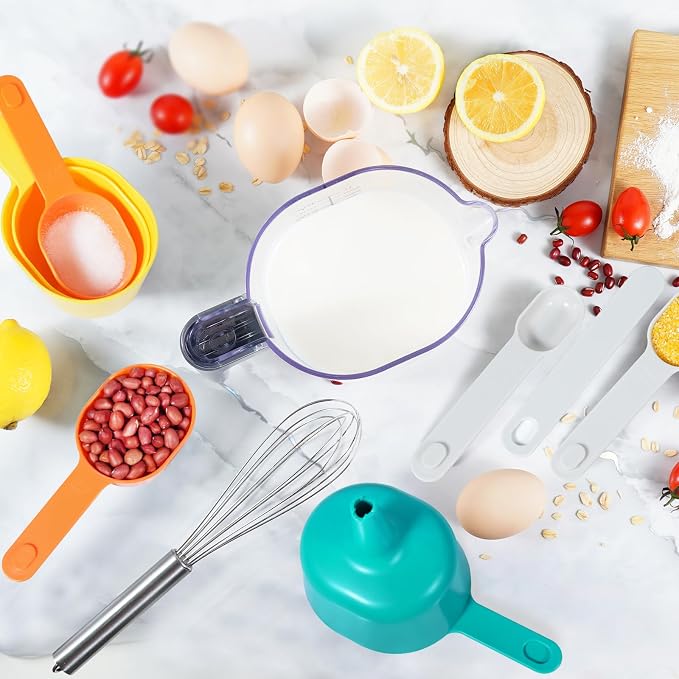 19-Pc Magnetic Measuring Cups and Spoons Set, with Lid, Rainbow | Includes 1 cover, 9 stackable cups set & 9 multicolor magnetic spoons, BPA-free & dishwasher safe, for liquid & dry baking
