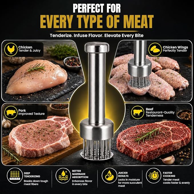 Stainless Steel Meat Tenderizer Tool with 21 Sharp Needles – Blade Tenderizer for Chicken, Beef, Steak – Heavy Duty Meat Pounder Hammer, Easy Grip Kitchen Gadget for Cooking & Chef Tools