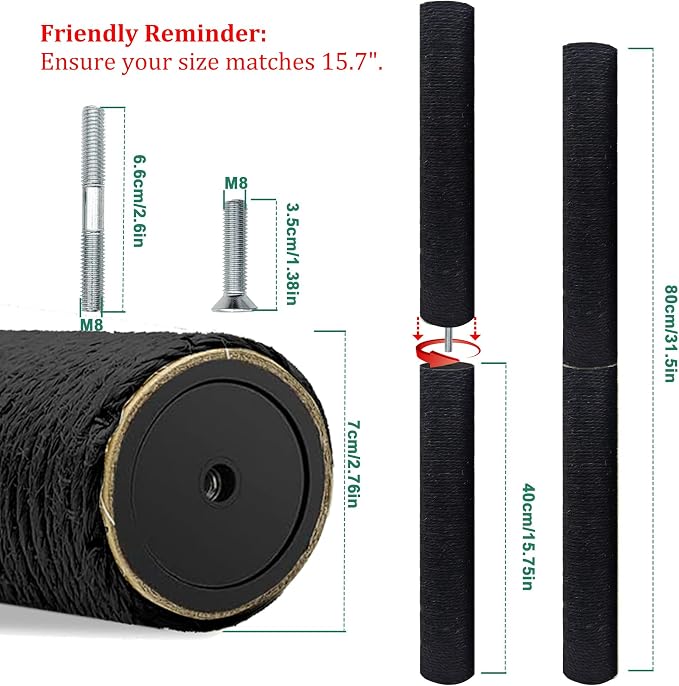 Gothic & Goth Cat Tree Tower Replacement Post - Black, 2 Pack, 15.7in Scratching Post Pole with M8 Screws, Natural Sisal for Cat Tree Repair & Rebuild
