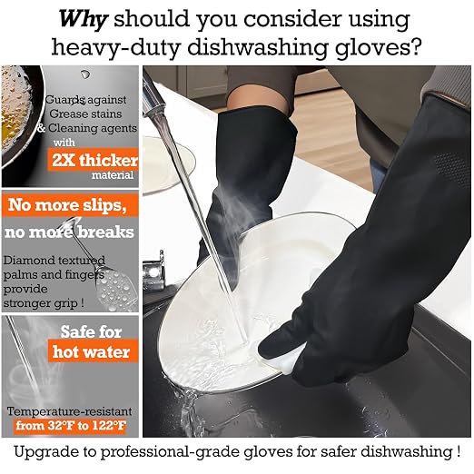 Heavy-Duty Thick Black Rubber Cleaning Gloves, 1 Pair, XL | Reusable & waterproof black/orange dual layers. Non-slip design for dishwashing, kitchen cleaning, and auto care.