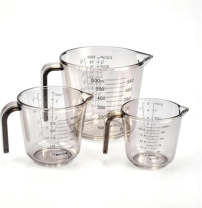 Measuring Cups Set, 3PCS with Pour Spout & Handle, Multi-Scale (cup | oz | ml) Stackable Liquid & Dry Plastic Measuring Tools for Baking Cooking, Essential Kitchen Gadgets (Coffee Brown)