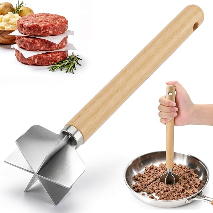 Palksky Ground Beef Masher, Stainless Steel Hamburger Smasher Tool with Wooden Handle, 6-Blade Heavy-Duty Kitchen Tool for Beef, Turkey, Potatoes & More