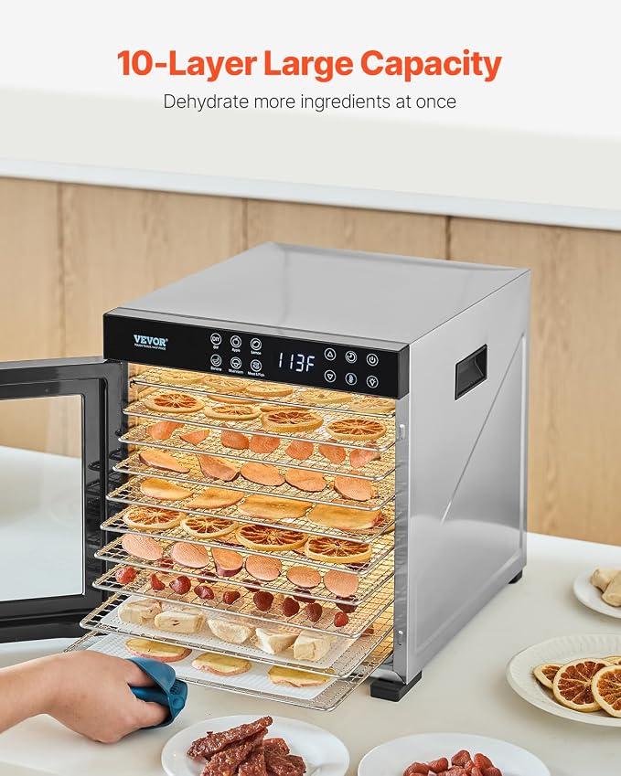 VEVOR Food Dehydrator Machine, 10 Stainless Steel Trays, 1000W Electric Food Dryer with Adjustable Temperature & 24-Hour Timer, Food-Dehydrator for Jerky, Meat, Fruit, Vegetables, Herbs, Dog Treats