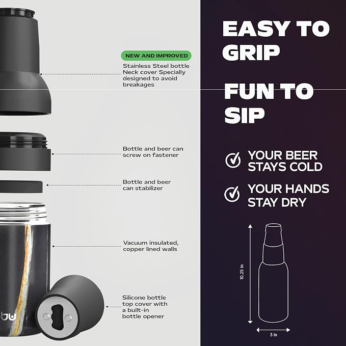 Asobu Frosty Beer Holder 2 Go Vacuum Insulated Double Walled Stainless Steel Beer Can and Bottle Cooler with Beer Opener, Bpa Free, Fits Standard 12oz Bottles, Gift for Beer Lovers (Midnight Marble)