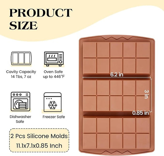 2 Pcs Dubai Chocolate Bar Mold Deep Silicone 0.85 Inch Large Stuffed Chocolate Molds Nonstick Break Apart Square Shape Thick Candy Bar Molds