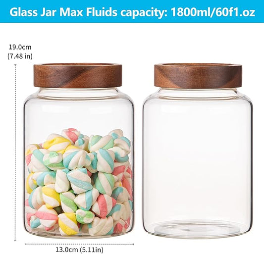Large Glass Coffee Jars 60 oz /1800ml, Round Storage Canister with Wooden Lid Clear Glass Food Jar for Pantry Sugar Tea Coffee Bean Spice Nuts Cookies Bath Salts (1800ml/60oz-2PACK)
