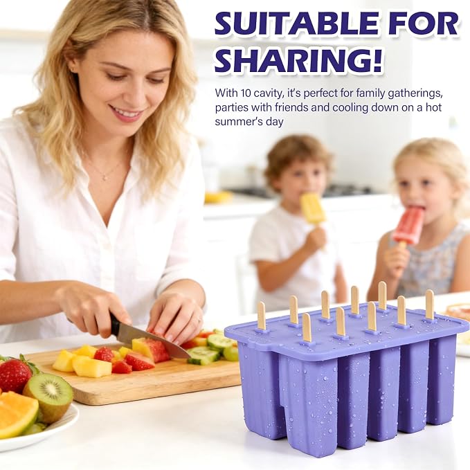 Purple Silicone Popsicles Molds,10 Cavity Homemade Popsicle Molds DIY Ice Pop Molds for Kids & Adults Food Grade BPA-Free with Popsicle Maker Sticks Popsicles Bags A Funnel