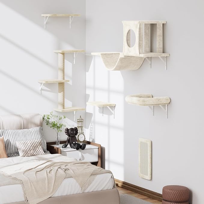 12-in-1 Cat Wall Shelves, Luxury Wall-Mounted Cat Climber Set with Condos House, Scratching Post, Bridge Ladder, Indoor Space-Saving Furniture for Kittens, Beige