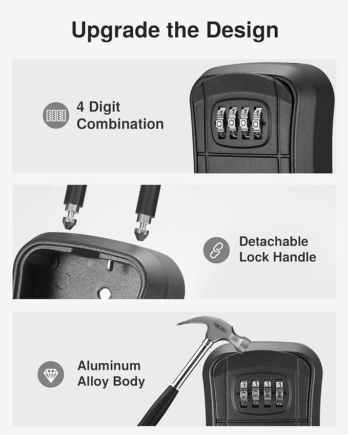 Puroma Key Lock Box Outdoor 4 Digit Code Combination Lockbox House, 4 Black | For Contractors Guest Realtor Storage Keys, Portable, Home Wall Mount, Resettable, Combination, Weatherproof, High-capacity