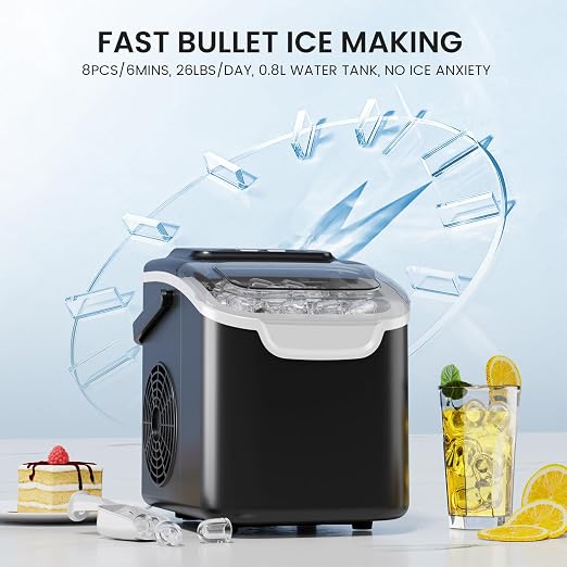 Crzoe Ice Makers Countertop with Handle, 2 Sizes of Ice, 8 Bullet Ice Cubes in 6 Mins, 26Lbs/24H, Portable Ice Maker with Self-Cleaning, Ice Machine for Home&Kitchen&Office&Party