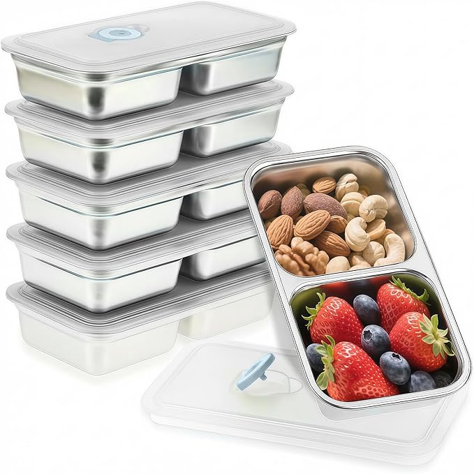 Stainless Steel Snack Containers, 6-Pack Reusable Grab and Go Containers with Lids, Dual Compartment Bento Box for Travel, Camping & Lunch Prep (Grey)