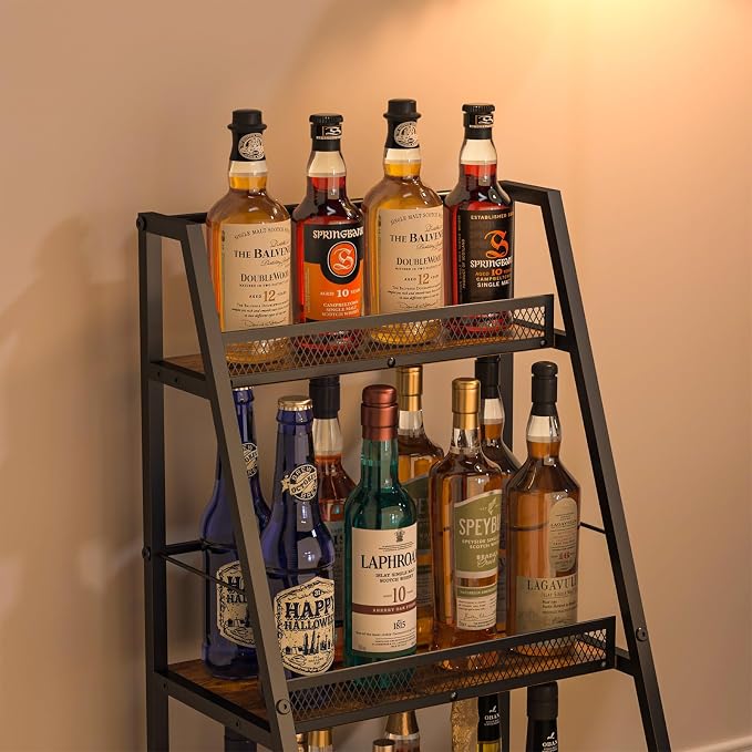 Hayexiha 3-Tier Liquor Stand for Home Bar, Stepped Freestanding Wine Rack | Compact Display: 15.55-inch-wide wood-and-iron stand has three fenced tiers and adjustable feet for corners or home bars.