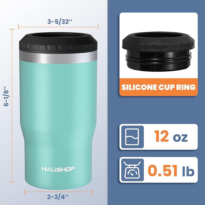 HAUSHOF 4-in-1 Insulated Can Cooler Fits 12oz Cans & Beer Bottle, Lake Blue | Double-Wall Vacuum Insulated, 18/8 Stainless Steel, BPA-Free Lid, Slim Can Cooler for Camping, Beach & Picnic