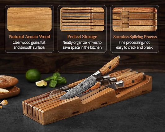 XINZUO In-drawer Knife Block, Natural Acacia Knife Drawer Oganizer, Insert-Kitchen Storage Holder, 7 Slots, Holds up to 7 Various Size Knives, Countertop Saving&Knife Protective