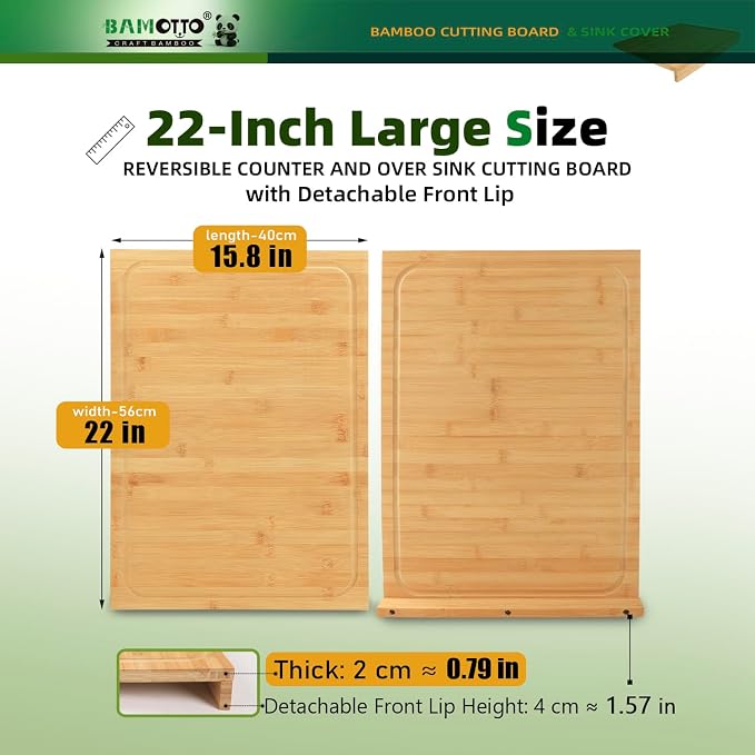 BAMOTTO CRAFTBAMBOO 15.8x22 Inch Large Bamboo Cutting Board Sink Cover | Non-Slip Detachable Lip | Reversible with Juice Groove | Kitchen Countertop Board Noodle Board | Stovetop Cover