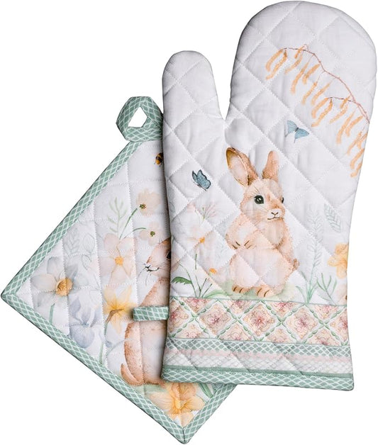 Maison d' Hermine 100% Cotton Oven Mitt & Pot Holder Set (7.5"x13" & 8"x8") | Heat Resistant BBQ Cooking Gloves with Loop Baking Grilling Kitchen Hotel Home Farmhouse Spring Summer - Easter Dew
