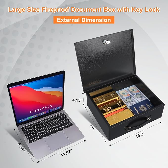 KYODOLED Fireproof Document Box with Key Lock, Large Safe Storage Box for Valuables, Fire Resistance Security Chest, Lock Box for Passport, Cash, Tablet 13.2'' x 11'' x 4.13'' Black