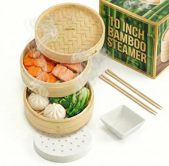 Bamboo Steamer Basket - Cook Delicious Meals with Authentic Flavor at Home | 10 Inch, 2 Tiers + 50 Liners, Chopsticks and Sauce Dish - Steam Family Portions of Bao, Dumplings and Vegetables at Once