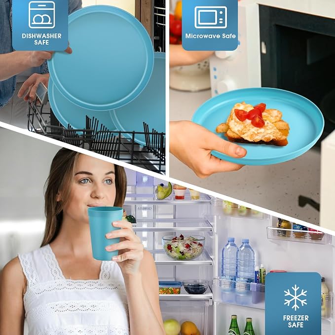 40 Piece Plastic Dinnerware Set for 8 with Cutlery, Unbreakable Plates and Bowls Set, Dishwasher & Microwave Safe Reusable Dish Set for Camping, RV, Outdoor Kitchen, Apartment Dining, Teal
