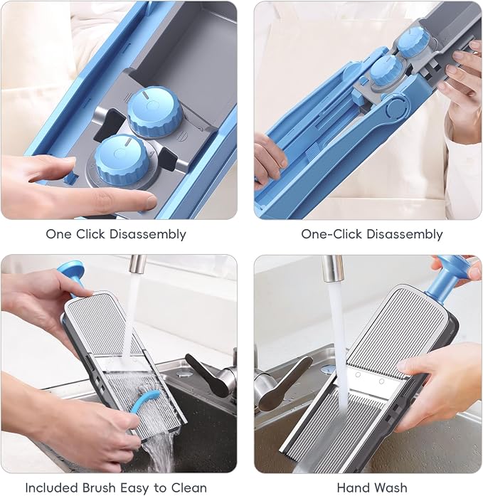 ONCE FOR ALL Safe Mandoline Slicer Pro, Food Slicer with Container, Blue | 4th Gen, 0.1-8mm Adjustable Kitchen Mandoline Slicer, Veggie Chopper Cutter For Potato Onion Fruit, Stainless Steel, Gift