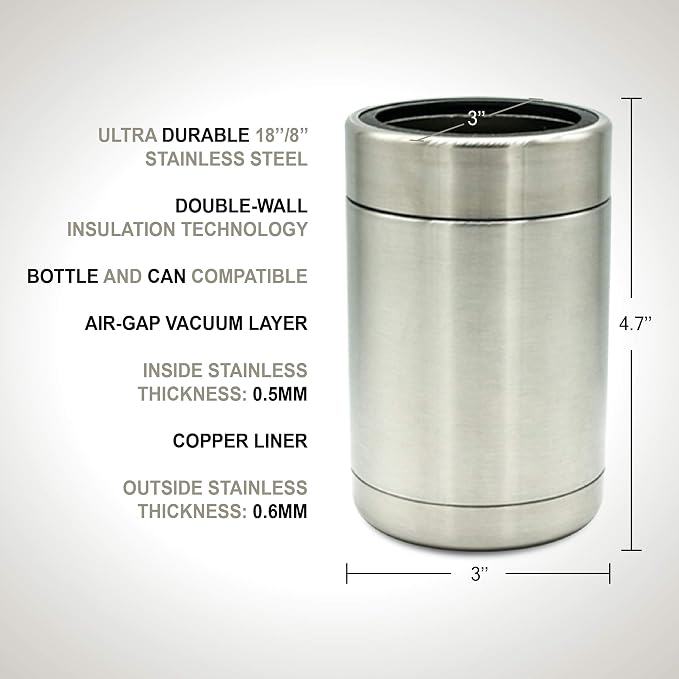 Tahoe Trails Stainless Steel 12oz Vacuum Insulated Can and Bottle Cooler | Double Wall Can Cooler For Cans and Bottles | Copper Plated Can Chiller and Metal Cooler| Stainless Steel