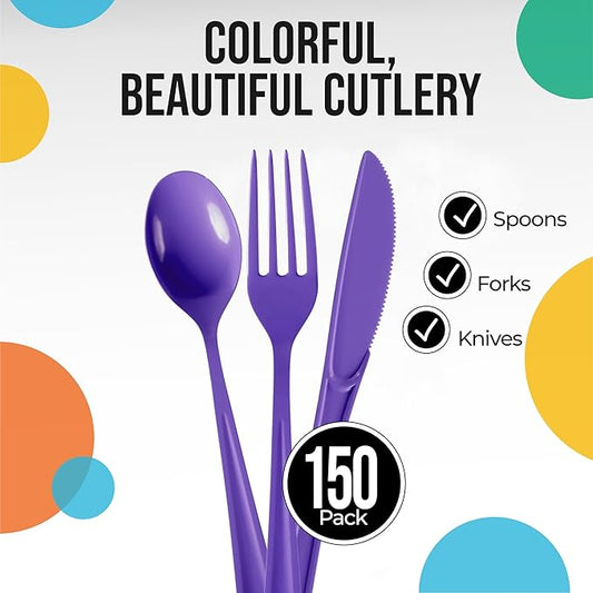 Party Solids Purple Plastic Silverware Heavy Duty 150 Pieces Purple Plastic Cutlery Sets, Utensil Sets, 50 Of Each Forks, Knives & Spoons Disposable Cutlery Set, Flatware Set For Party Supplies