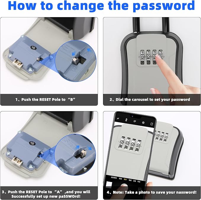 Key Lock Box,Portable Waterproof Lockbox with Removable Shackl, Wall-Mounted Key Storage Box, 4-Digit Combination Key Storage Lockbox for Home,Office,Garage, Airbnb,Apartment（1 Pack,Grey)