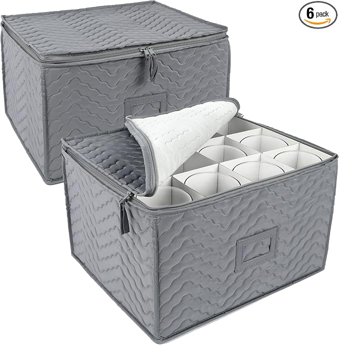 LotFancy Stemware Storage Containers, 2-Pack, Deluxe Quilted Storage Case with Dividers for 24 - Wine Glasses, Champagne Flutes, Glassware, Drinkware Storage Box Chest, 15.5”x12.5”x 10”, Gray