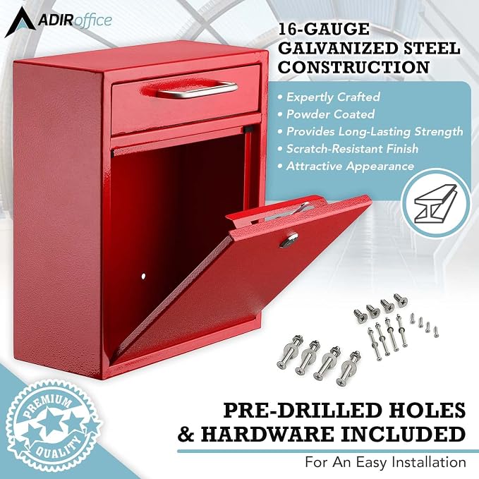 AdirOffice Wall Mount Mailbox - Mailbox with Lock and Keys- Durable Wall Mounted Locking Mailbox and Cash Drop Box for House, Apartments and Bussiness After Hours Deposits
