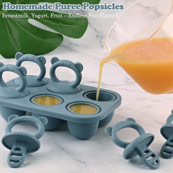 BokingOne Silicone Popsicle Molds, 6-Cavity Breastmilk Ice Pop Molds, Mini Frozen Pop Tray Molds for Baby Teething Relief Toddler Feeding Matte Blue