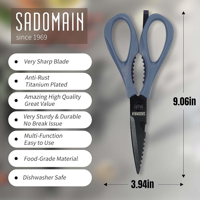 Kitchen Scissors All Purpose, Extra Sharp Kitchen Shears with Knife Sharpener & Sheath, Solid & Durable Stainless Steel Scissors with ANTI-RUST Black Titanium Plated, Dishwasher Safe – Blue