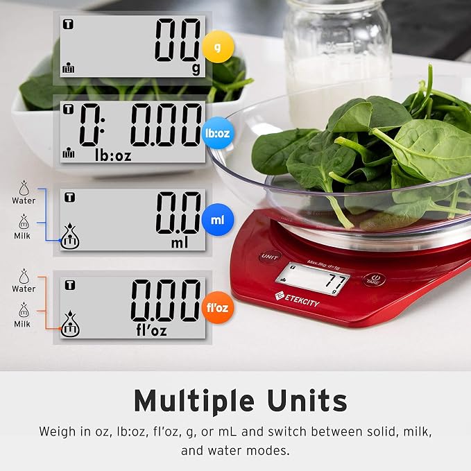 Etekcity Food Kitchen Scale with Bowl, 0.1g, Grams and Ounces | 11lb/5kg capacity with tare, removable bowl, ideal for baking, coffee, meal prep and portion control, Stainless Steel, Red