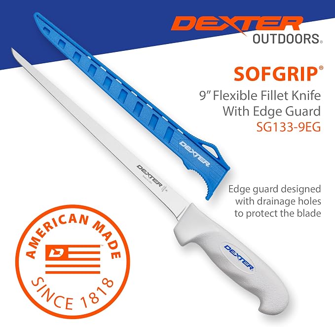 Dexter Outdoors SOFGRIP 9" Flexible Fillet Knife with Edge Guard | High-carbon American stainless blade resists corrosion. Slip-resistant soft grip and edge guard included, made in USA.