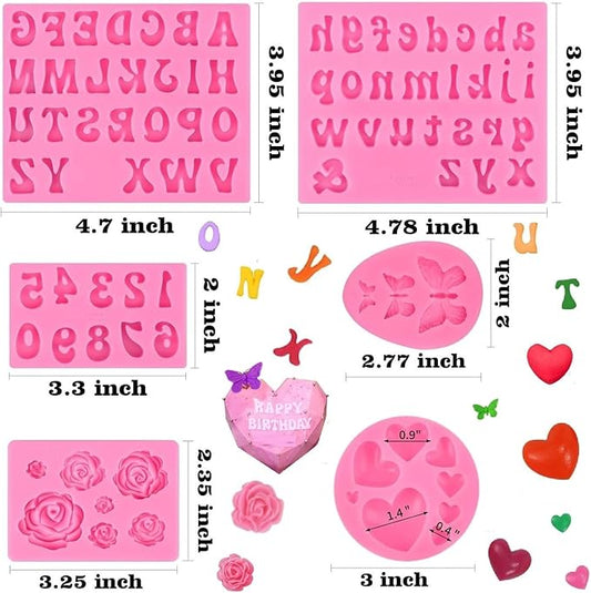 Letter Silicone Molds Alphabet Mold for Chocolate,6 Pcs Letter Number Flowers Butterfly Heart Shaped Fondant Molds for Making Strawberries,Candy,Gummy Cake Decorating