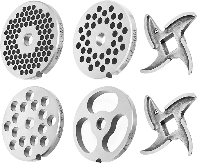 #12 Stainless Steel Grinder Plates Set with 2 Knives | 4 plates & 2 knives set,4 plates & 2 knives set,Fits standard #12 grinders,Grinds meat & makes sausages,Easy to wash & store.