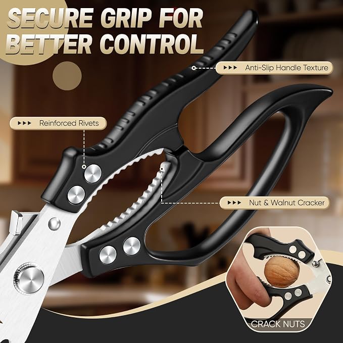Freelander Poultry Shears Set Black - All Purpose Heavy Duty Kitchen Shears | Japanese Kitchen Scissors for Food, Chicken, Meat, Fish, Vegetables, Ergonomic Non-Slip Handle, Gifts for Women Men