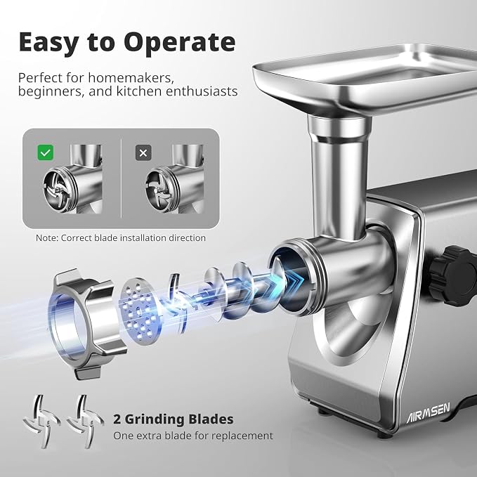 AIRMSEN Electric Meat Grinder & Tomato Sauce Press Maker with Strainer - Heavy Duty Food Mill Machine for Grinding Meat, Making Tomato Sauce, Sausage, Kibbeh for Home Kitchen Use