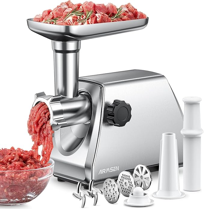 AIRMSEN Electric Meat Grinder & Mincer – Heavy Duty Professional Stainless Steel Sausage Maker & Stuffer with 3 Plates, 2 Stainless Blades & Kubbe Kit – Fast, Quiet, Easy to Clean for Home Kitchen Use
